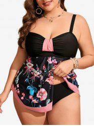 Plus Size Flowers Leaf Print Asymmetrical Ruched Tankini Swimsuit -  