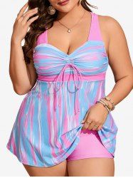 Plus Size Streak Dye Colorblock Print Cinched Crisscross Strapy Boyshort Tankini Swimsuit -  