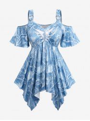 Plus Size Cold Shoulder Ripped Braided Floral Printed Heart Buckle Grommet Ombre Asymmetric Handkerchief Top -  