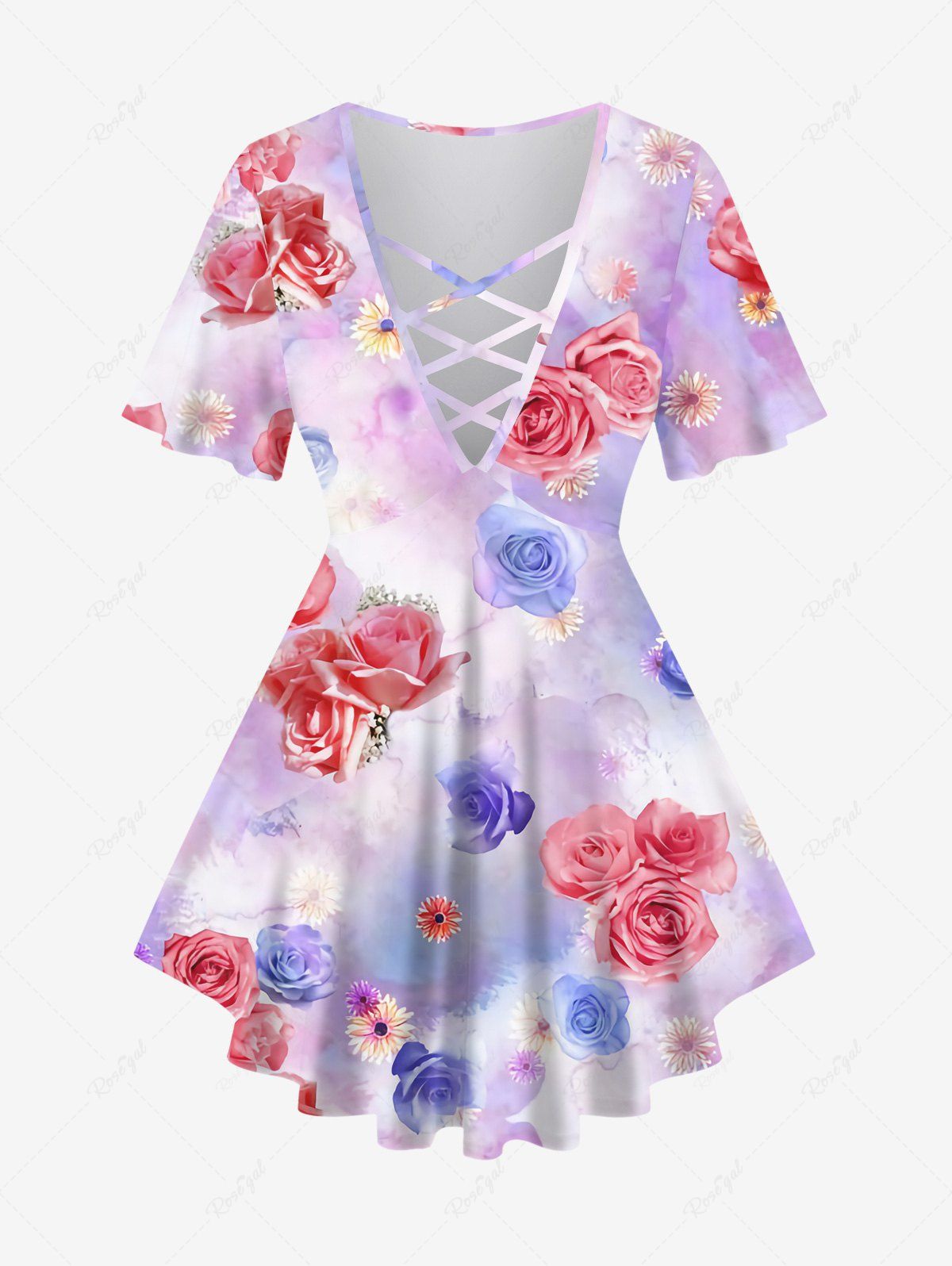 Unique Plus Size Tie Dye Ombre Rose Flower Print Lattice T-shirt  