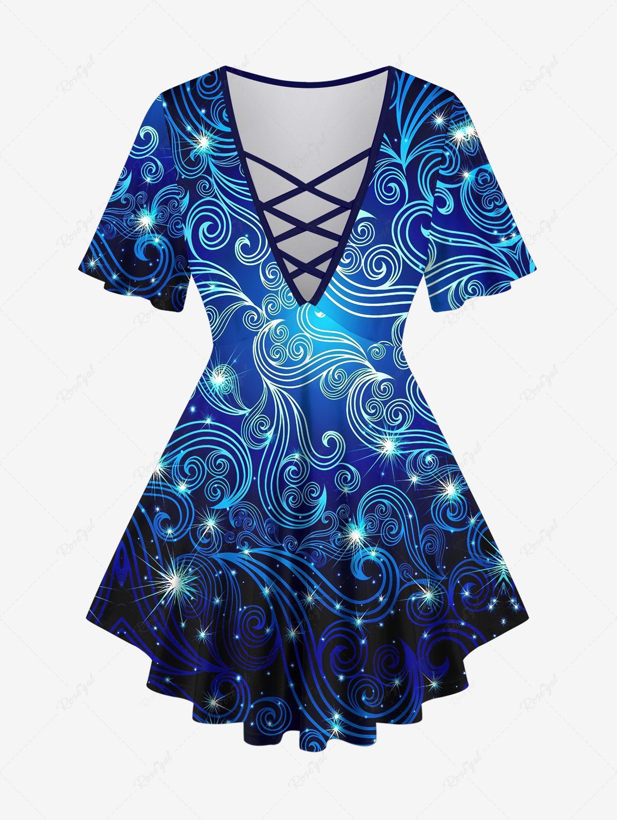 Outfit Plus Size Sea Waves Glitter 3D Print Lattice Crisscross Flare Sleeve T-shirt  