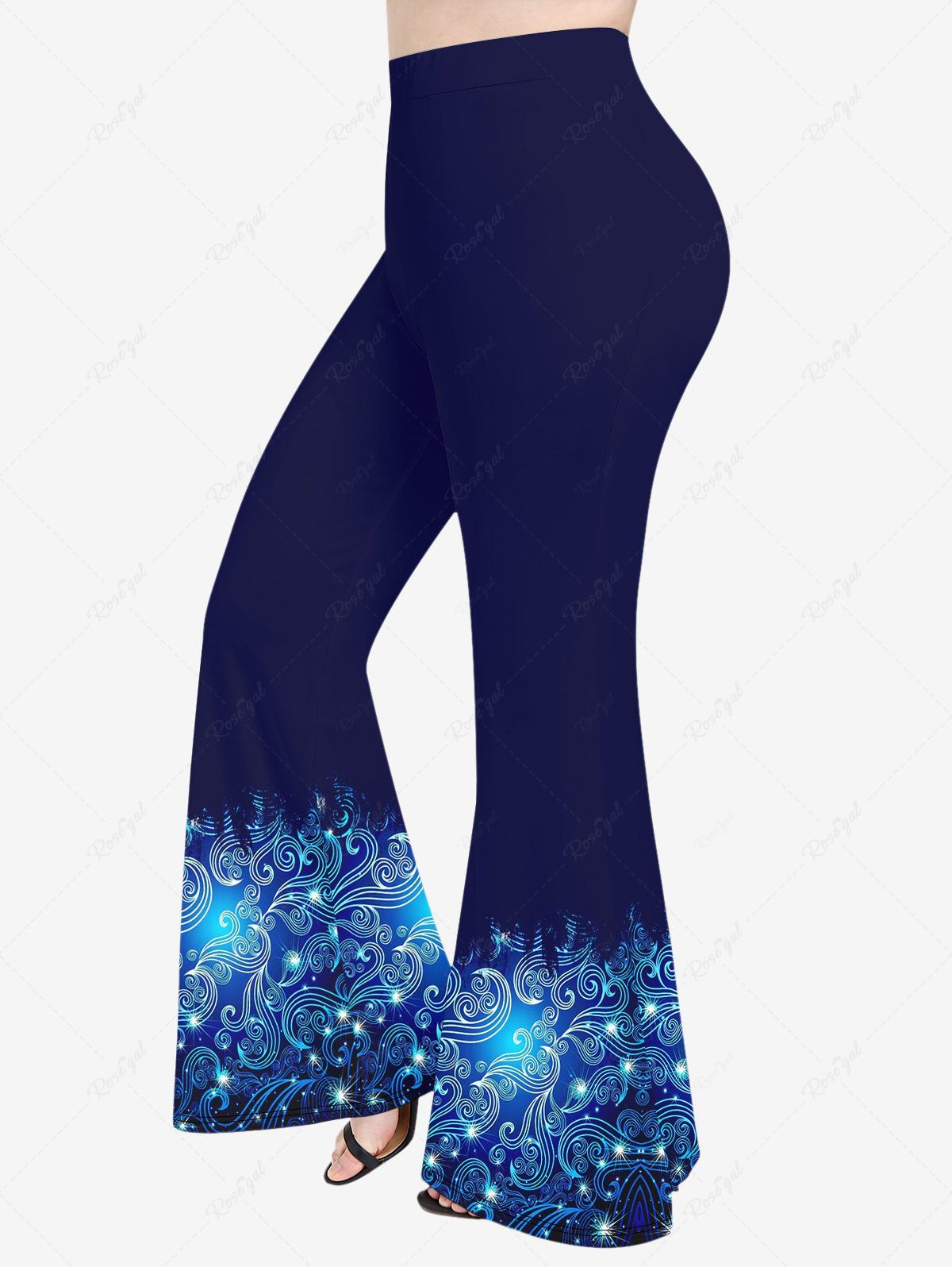 Pantalon Évasé Imprimé Floral 3D à Paillettes Grande Taille Bleu profond 6X