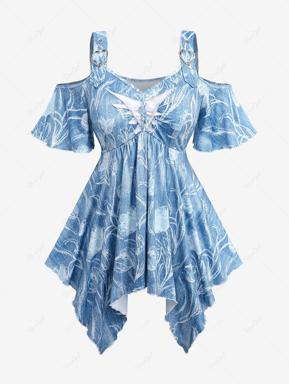 Online Plus Size Cold Shoulder Ripped Braided Floral Printed Heart Buckle Grommet Ombre Asymmetric Handkerchief Top  
