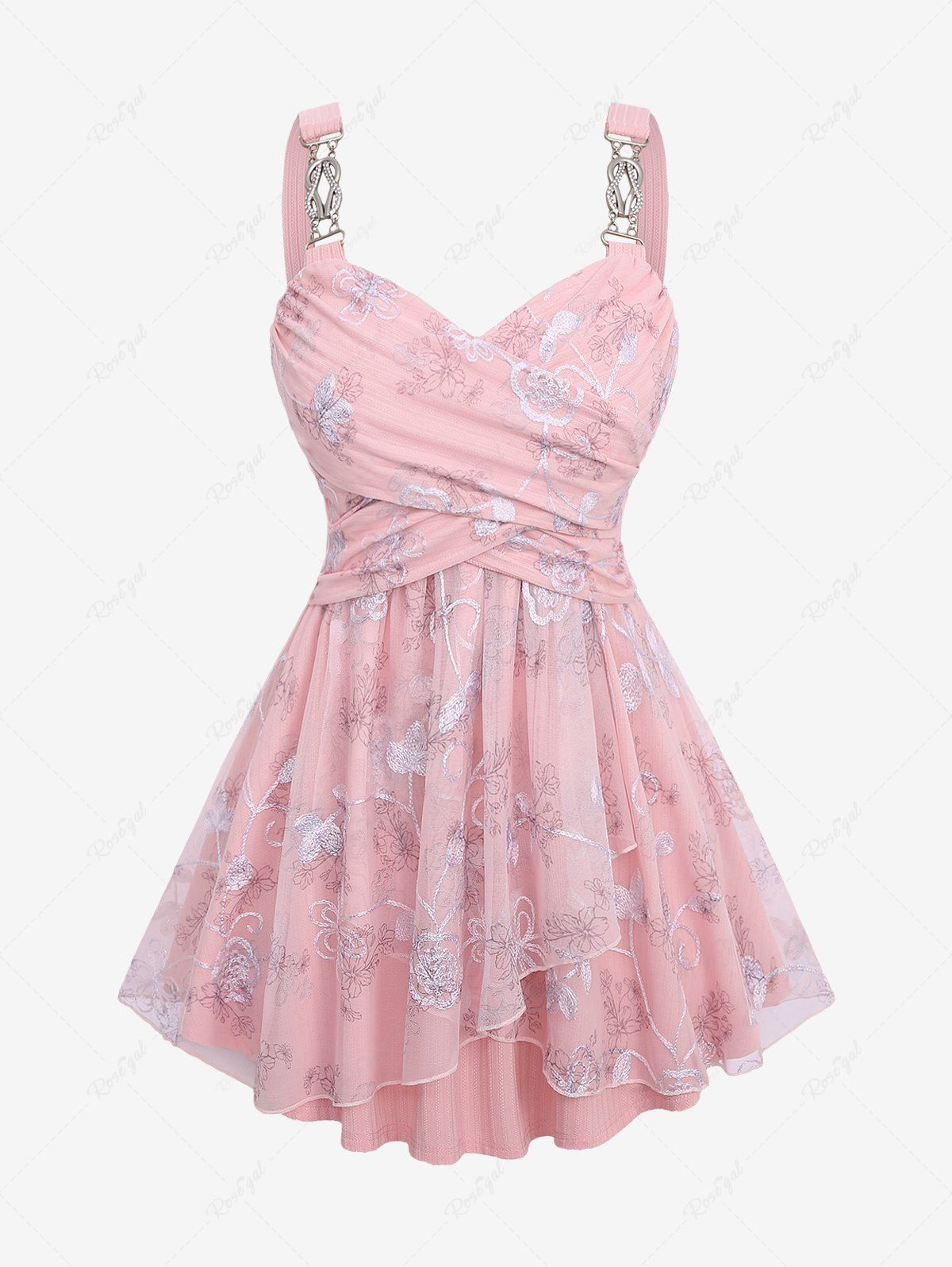 Latest Plus Size Flower Print Embroidery Mesh Ruched Chains Surplice Ribbed Textured Tank Top  
