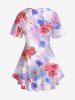 Plus Size Tie Dye Ombre Rose Flower Print Lattice T-shirt -  