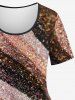 Plus Size Glitter Sparkling Sequins Striped Print T-shirt -  