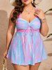 Plus Size Streak Dye Colorblock Print Cinched Crisscross Strapy Boyshort Tankini Swimsuit -  
