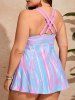Plus Size Streak Dye Colorblock Print Cinched Crisscross Strapy Boyshort Tankini Swimsuit -  