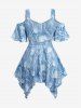 Plus Size Cold Shoulder Ripped Braided Floral Printed Heart Buckle Grommet Ombre Asymmetric Handkerchief Top -  