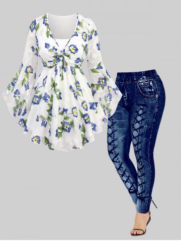 Flare Sleeves Floral Leaf Printed Embossed Textured Twist 2 in 1 Chiffon Shirt and High Waisted 3D Printed Leggings Plus Size Outfit - WHITE