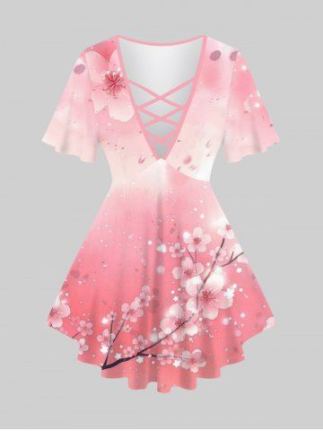 Plus Size Peach Blossom Glitter Stars Print Ombre Lattice T-shirt - LIGHT PINK - 2X