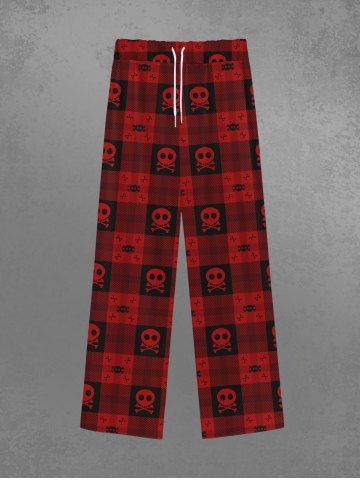 Gothic Plaid Skulls Skeleton Print Drawstring Wide Leg Sweatpants For Men - DEEP RED - L