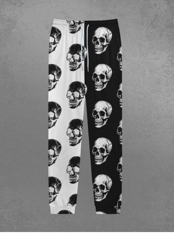 Pantalon de Jogging Gothique Bicolore Crâne Imprimée en Blocs de Couleurs à Cordon - MULTI-A - M