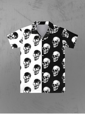 Gothic Skulls Two Tone Colorblock Print Button Down Shirt For Men - MULTI-A - XL