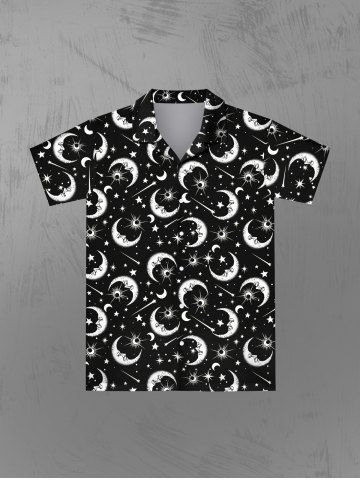 Gothic Galaxy Sun Moon Star Print Button Down Shirt For Men - BLACK - XS