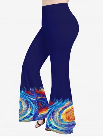 Pantalon Evasé 3D Peinture à L'Huile en Blocs de Couleurs à Paillettes de Grande Taille - BLUE - 6X
