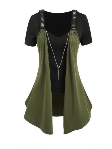 Solid Color V Neck Short Sleeve Tee And Chain High Low Tank Top Suit - DEEP GREEN - XXL | US 14