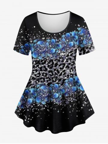 Plus Size Leopard Sea Wave Sparkling Sequin Glitter 3D Print T-shirt - BLACK - XS