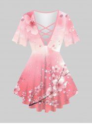 Plus Size Peach Blossom Glitter Stars Print Ombre Lattice T-shirt -  