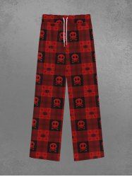 Pantalon de Survêtement avec Cordon de Serrage à Imprimé Squelette à Carreaux Style Gothique pour Hommes - Rouge foncé L