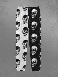 Pantalon de Jogging Gothique Bicolore Crâne Imprimée en Blocs de Couleurs à Cordon - Multi-A M