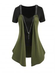 T-shirt en Couleur Unie à Manches Courtes à Col V et Débardeur Haut Bas avec Chaîne - Vert profond XXL | NOUS 14