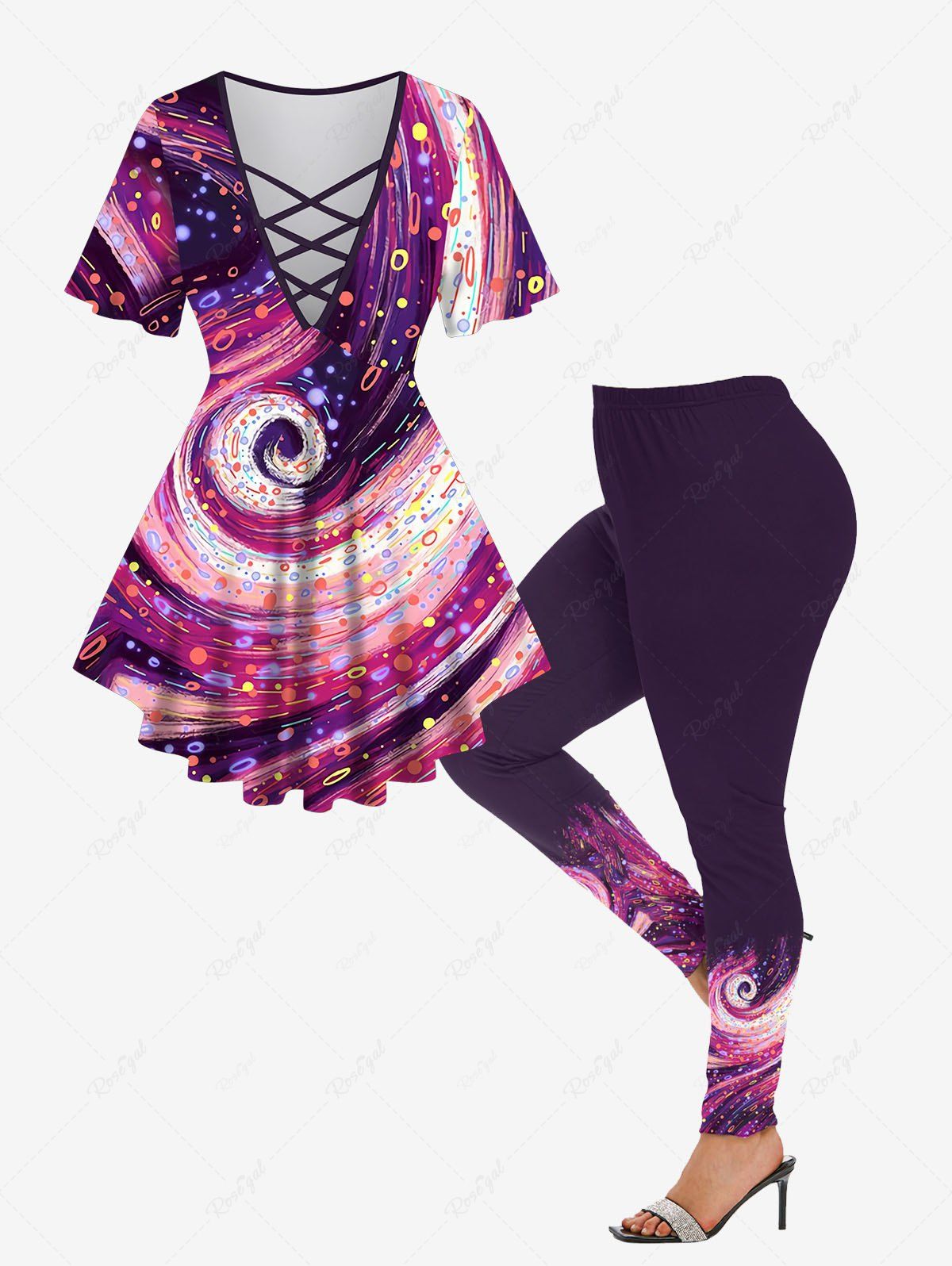 Chic Galaxy Swirls Colorblock Printed Lattice Crisscross Flare Sleeve T-shirt and Leggings Plus Size Matching Set  