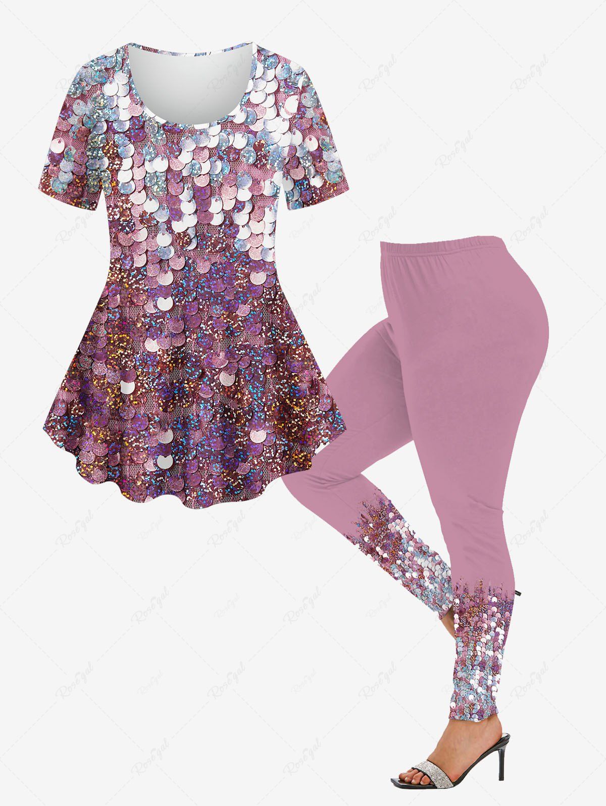 Latest 3D Glitter Sparkling Sequins Mesh Printed Short Sleeves T-shirt and Leggings Plus Size Matching Set  
