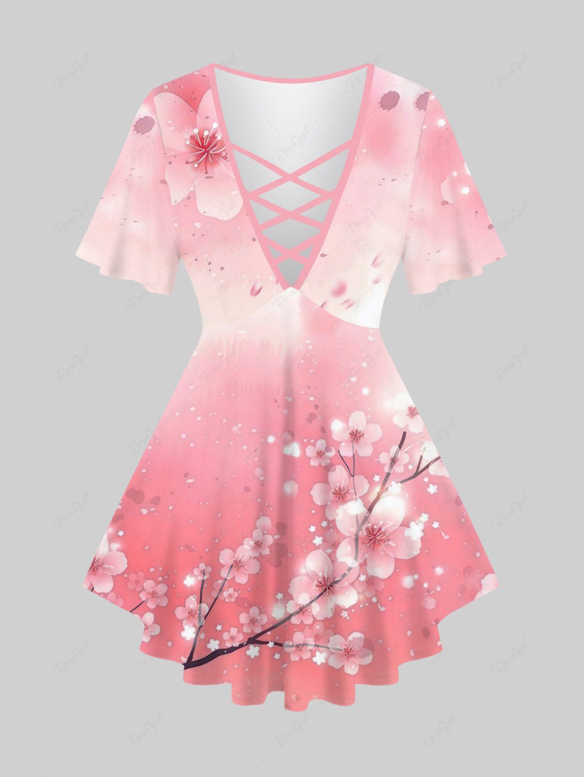 Outfits Plus Size Peach Blossom Glitter Stars Print Ombre Lattice T-shirt  