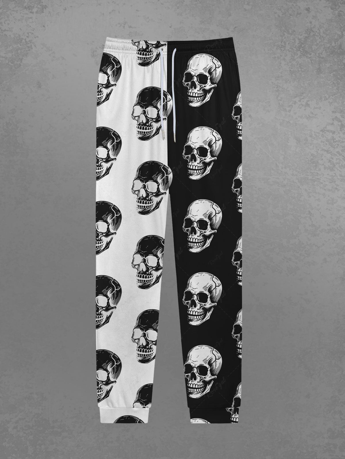 Pantalon de Jogging Gothique Bicolore Crâne Imprimée en Blocs de Couleurs à Cordon Multi-A 4XL