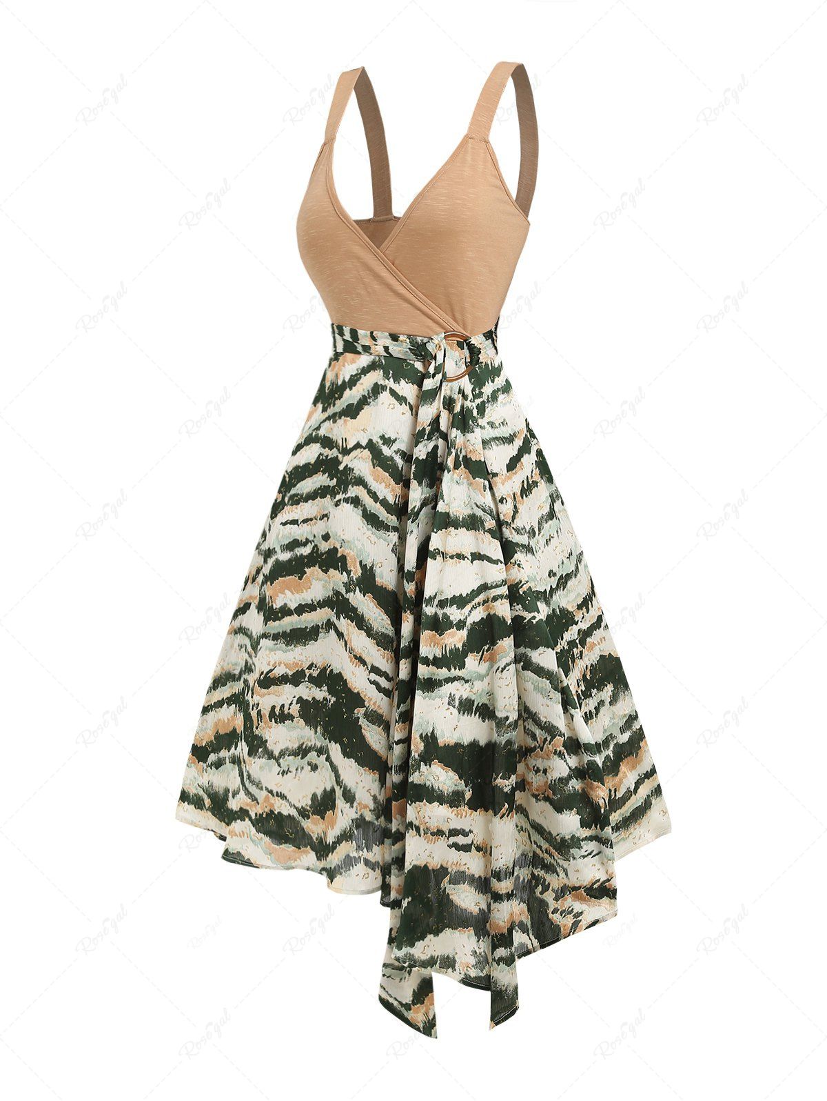 Outfits Tie Dye Colorblock O Ring Surplice Neck Zipper Side Belt Dress  