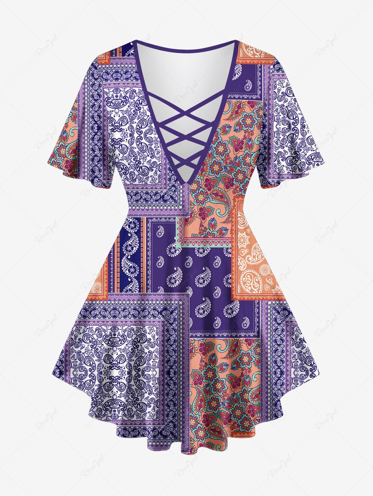 Shop Plus Size Floral Paisley Scarf Print Lattice Crisscross Flare Sleeve T-shirt  