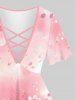 Plus Size Peach Blossom Glitter Stars Print Ombre Lattice T-shirt -  