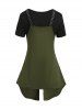 Solid Color V Neck Short Sleeve Tee And Chain High Low Tank Top Suit -  