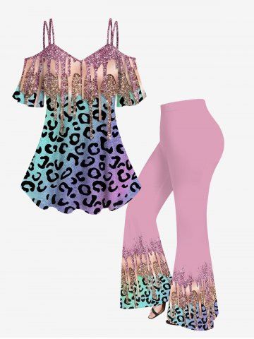 Paint Drop Blobs Leopard Glitter Sparkling Sequin 3D Printed Cold Shoulder T-shirt and Flare Pants Plus Size Matching Set