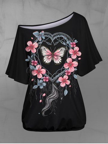 Gothic Skew Neck Batwing Sleeves Floral Heart Hair Wreath Butterfly Print T-shirt - BLACK - XS