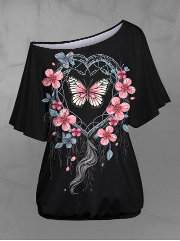 Gothic Skew Neck Batwing Sleeves Floral Heart Hair Wreath Butterfly Print T-shirt - BLACK - 1X