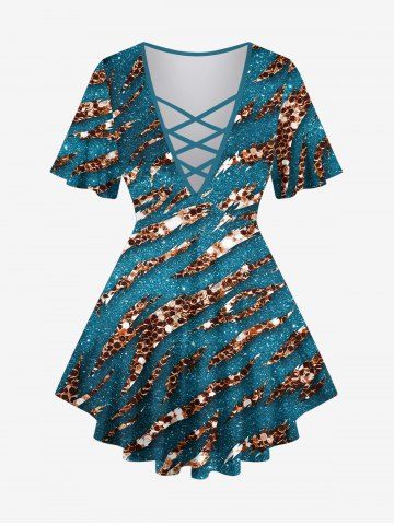 Plus Size Snake Skin Sparkling Sequin Glitter 3D Print Lattice Crisscross Flare Sleeve T-shirt