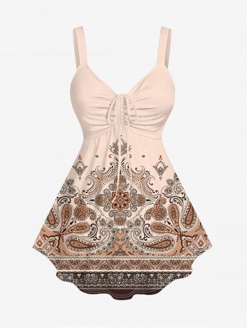 Plus Size Vintage Floral Graphic Striped Paisley Print Cinched Backless Tank Top - BEIGE - XS