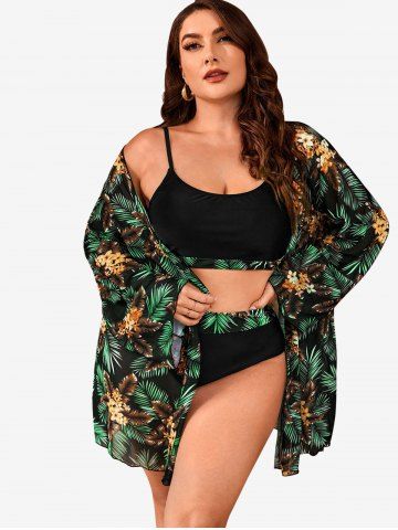 Hawaii Plus Size Flower Palm Tree Leaf Print 3 Pcs Swimsuit With Mesh Cover - GREEN - 1XL