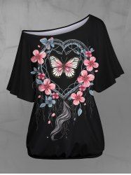 Gothic Skew Neck Batwing Sleeves Floral Heart Hair Wreath Butterfly Print T-shirt -  