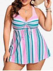 Plus Size Stripe Colorblock Print Cinched Crisscross Strapy Tankini Swimsuit -  