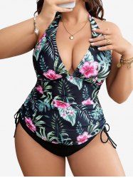 Plus Size Flowers Leaf Print Halter Cinched Tankini Swimsuit -  
