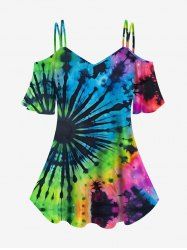 Plus Size Tie Dye Print Cold Shoulder T-shirt -  