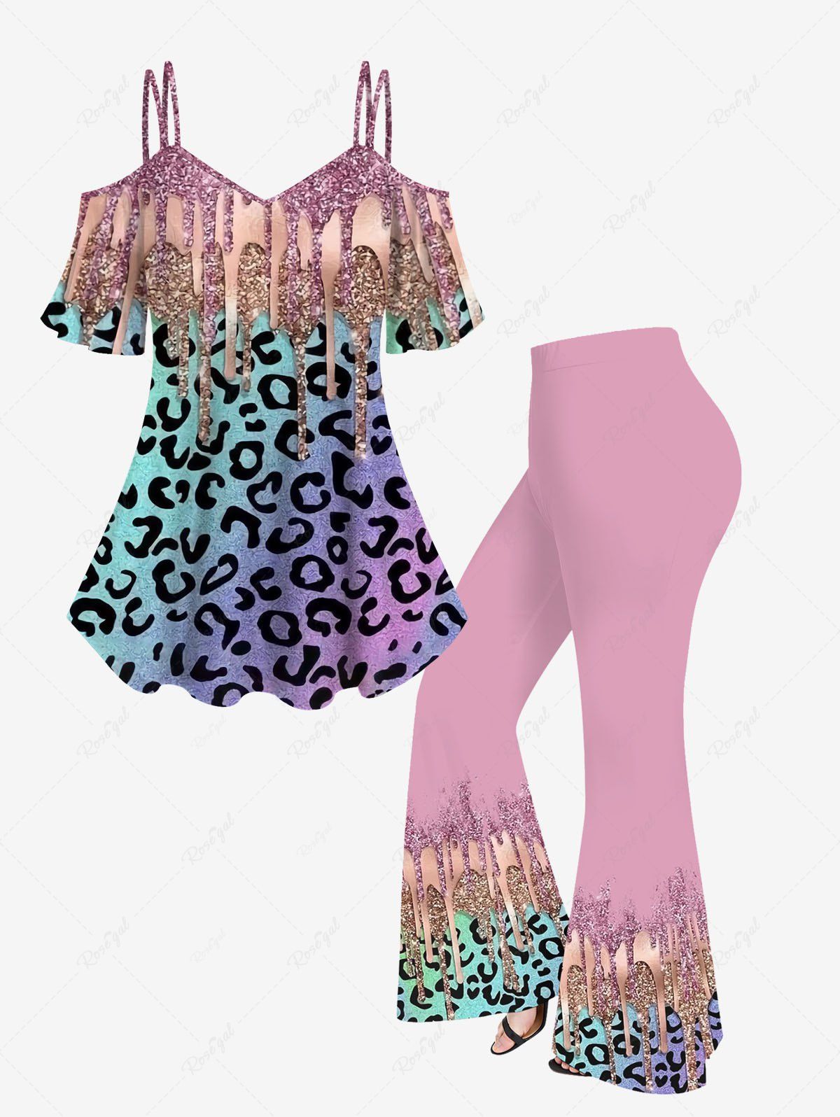 Chic Paint Drop Blobs Leopard Glitter Sparkling Sequin 3D Printed Cold Shoulder T-shirt and Flare Pants Plus Size Matching Set  
