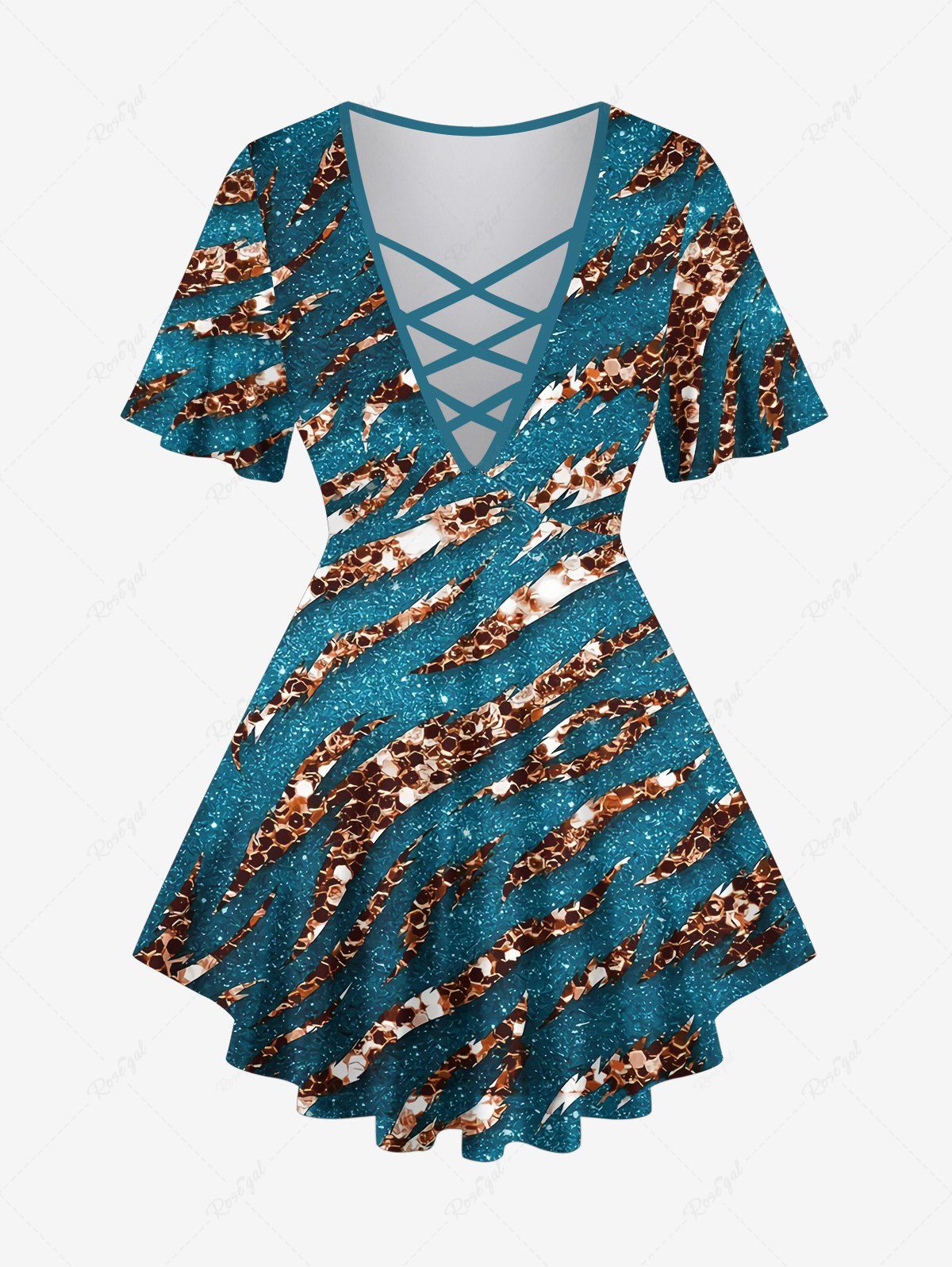Sale Plus Size Snake Skin Sparkling Sequin Glitter 3D Print Lattice Crisscross Flare Sleeve T-shirt  