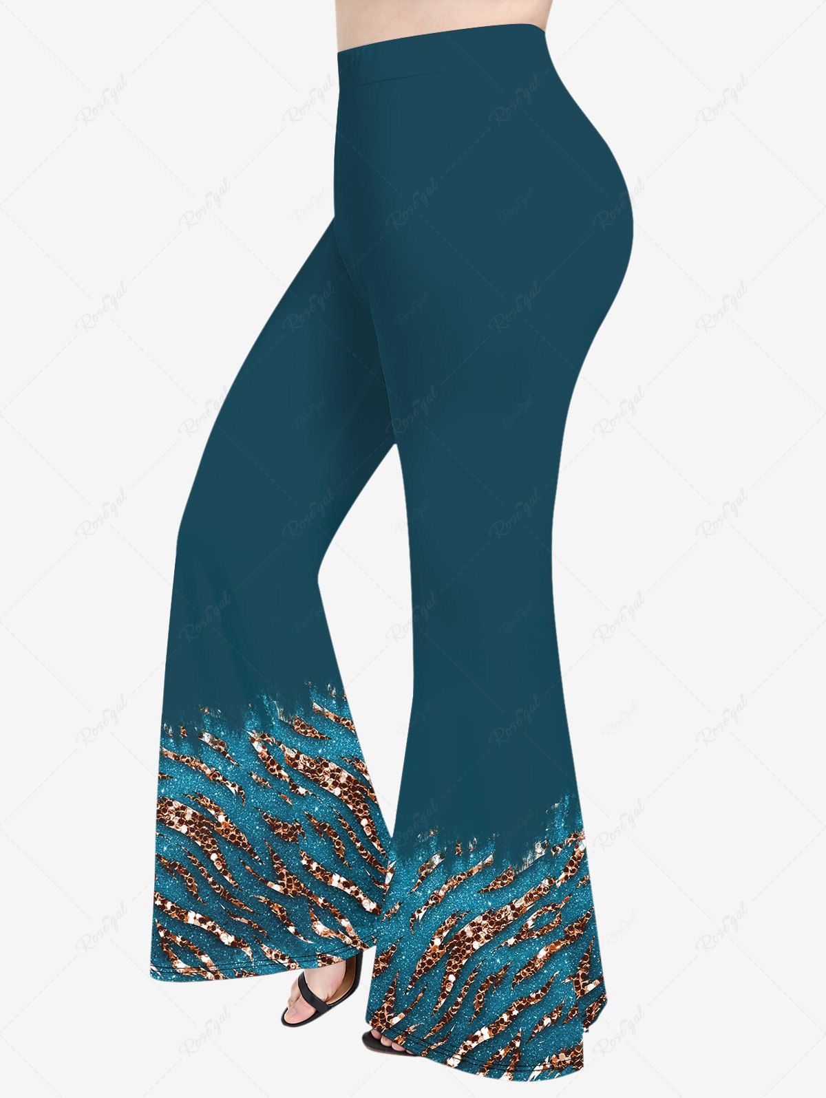 Unique Plus Size Snake Skin Sparkling Sequin Glitter 3D Print Flare Pants  
