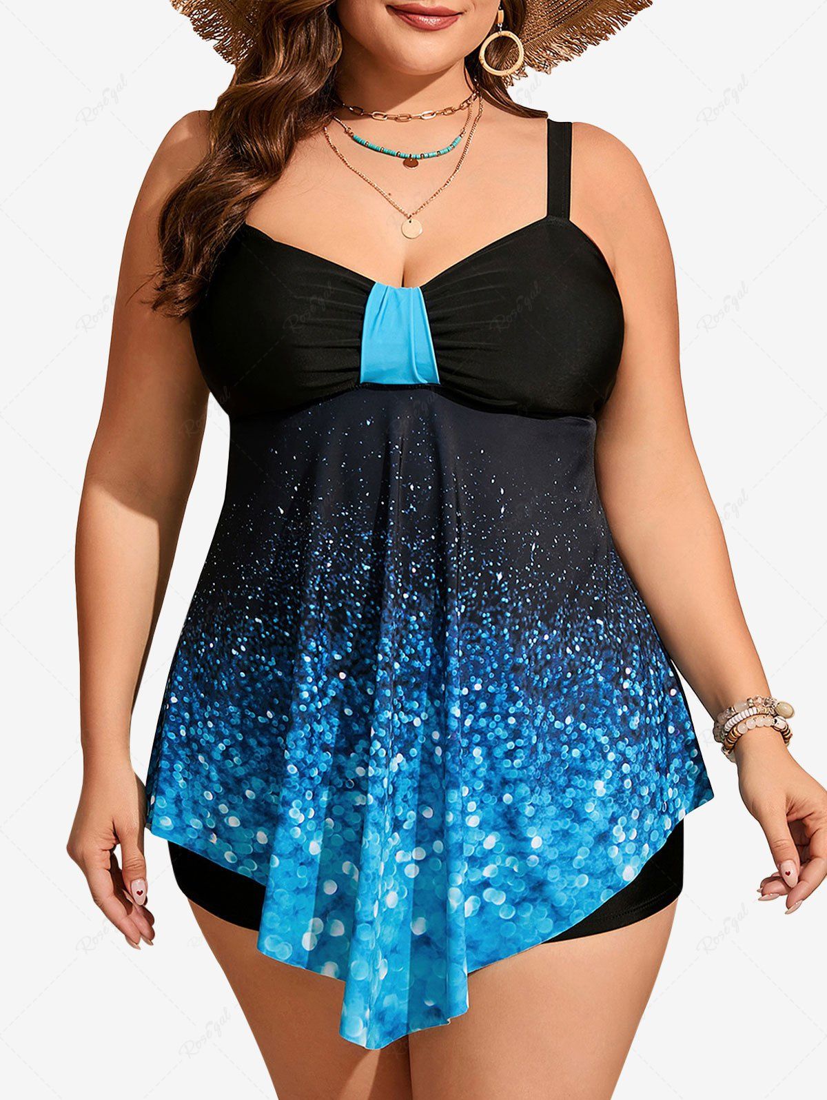 Maillot de Bain Tankini Asymétrique en Blocs de Couleurs Ombré Imprimé à Paillettes de Grande Taille à Volants Bleu 4XL