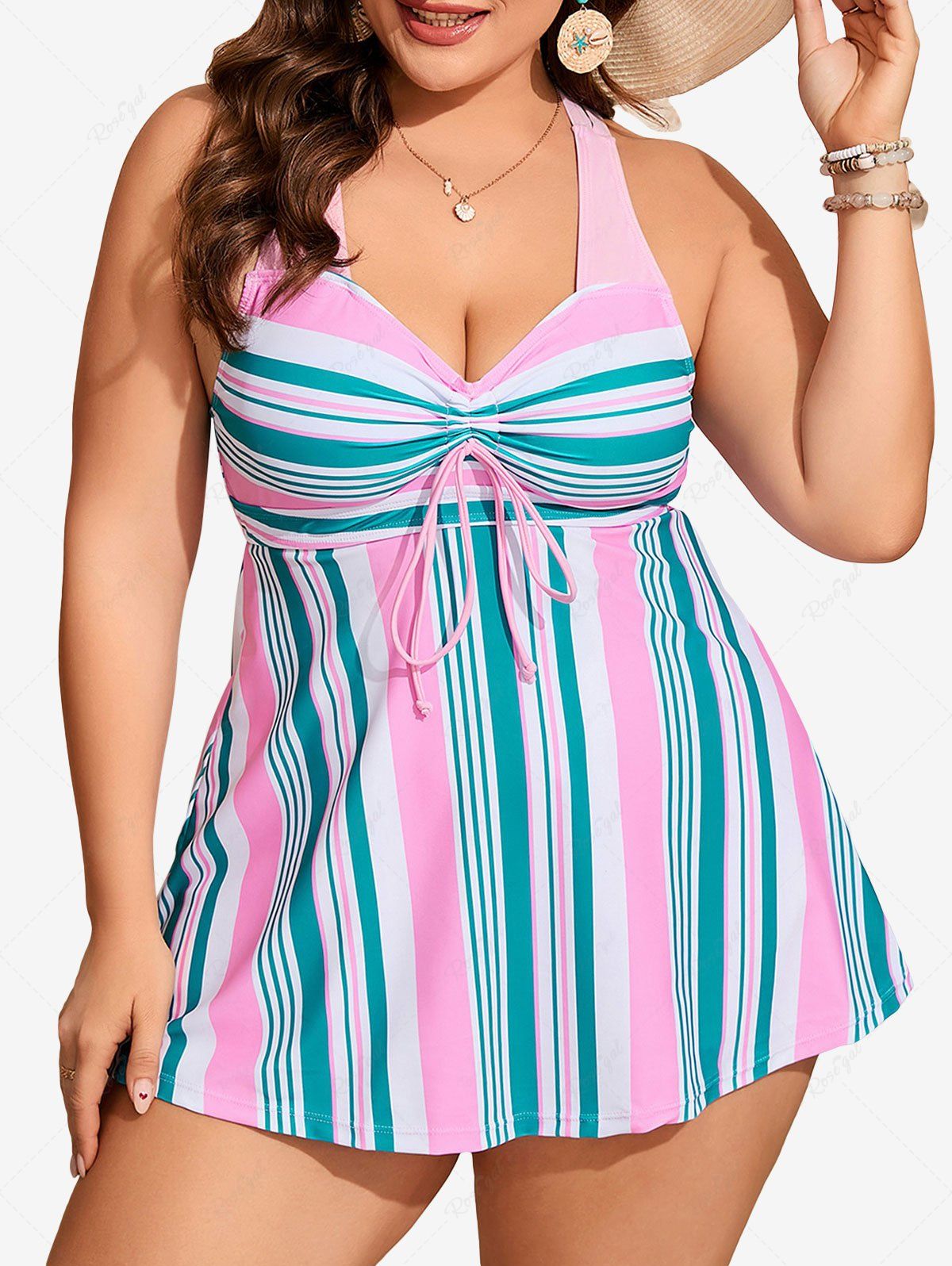 Fancy Plus Size Stripe Colorblock Print Cinched Crisscross Strapy Tankini Swimsuit  