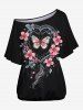 Gothic Skew Neck Batwing Sleeves Floral Heart Hair Wreath Butterfly Print T-shirt -  